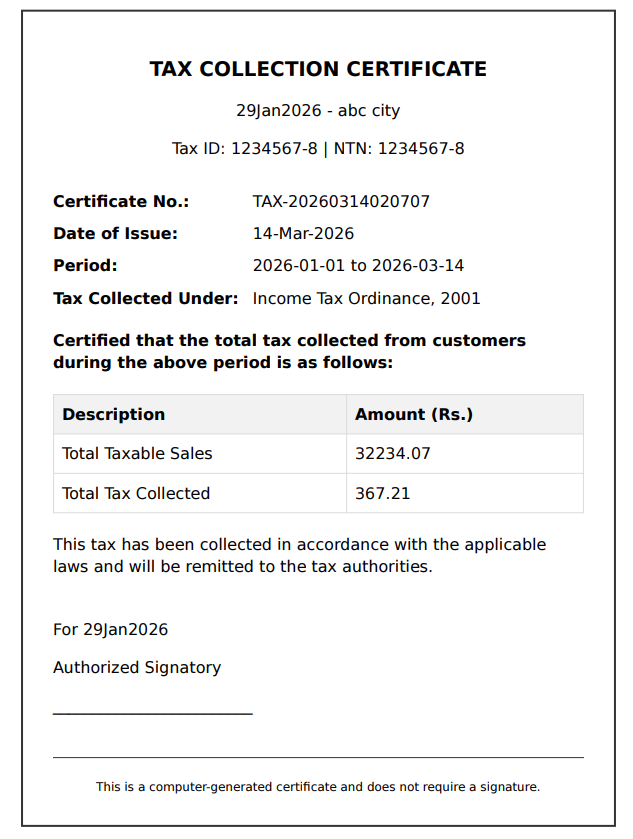 Professional FBR tax certificate generated by GrowEasy